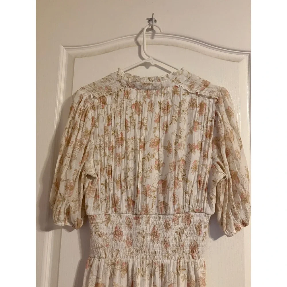 Keren Hart Floral Midi Dress Womens Medium Cream Pink‎ Smocked Waist Puff Sleeve